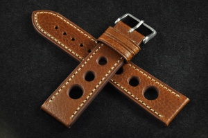 Pasek Rally Skórzany, Brązowy, Biała nić, 22mm