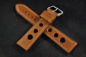 Pasek Rally Skórzany, Jasny brąz, Biała nić, 20mm
