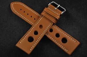 Pasek Rally Skórzany, Jasny brąz, Biała nić, 24mm