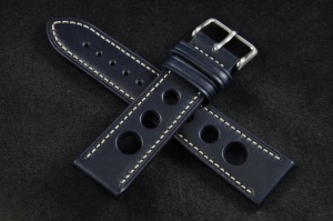 Pasek Rally Skórzany, Granatowy, Biała nić, 22mm