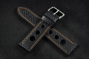 Pasek Rally Skórzany Carbon, Czarny, Pomarańczowa nić, 22mm