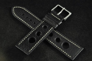 Pasek Rally Skórzany, Czarny, Biała nić, 22mm