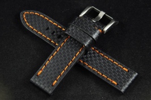 Pasek Carbon, Skórzany, Czarny, Pomarańczowa nić, 22mm