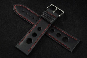 Pasek Rally Skórzany, Czarny, Czerwona nić, 24mm