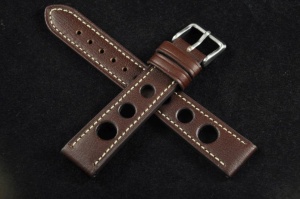 Pasek Rally Skórzany, Ciemny brąz, Biała nić, 18mm