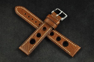 Pasek Rally Skórzany, Brązowy, Biała nić, 18mm