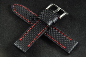 Pasek Carbon, Skórzany, Czarny, Czerwona nić, 22mm